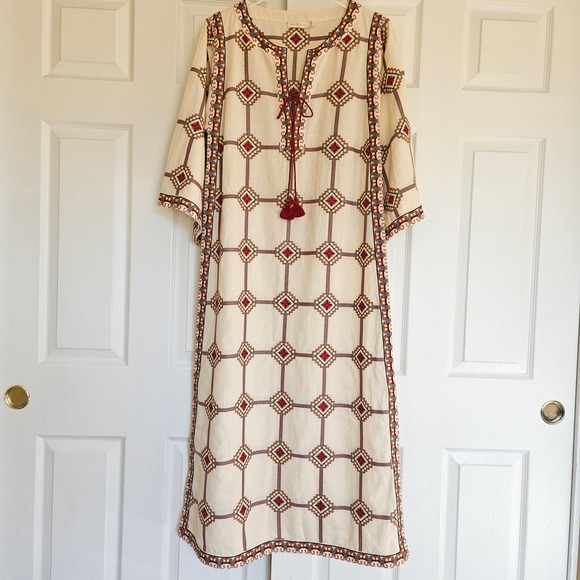 TORY BURCH Embroidered Caftan Dress Geo Print Size Small - Picture 8 of 16
